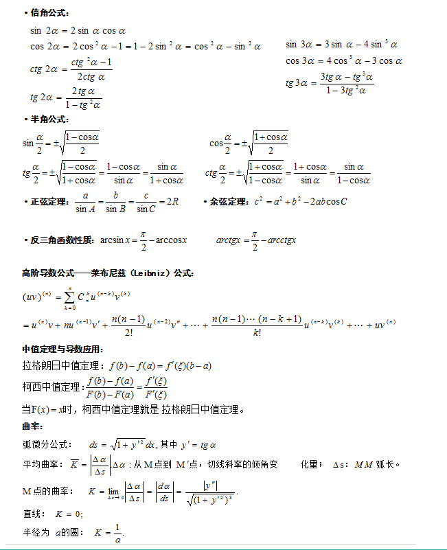 2021年成人高考专升本高数（二）常用公式